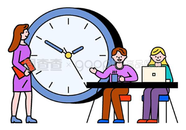 商務咨詢人員和與筆記本電腦的交流。工作時間、工作時間的男女。使用筆記本電腦的工人字符接近時鐘符號,專業團隊合作向量。與筆記本電腦合作的商務咨詢
